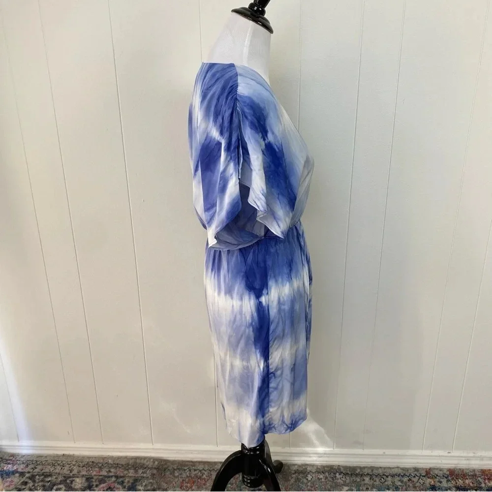 Alice‎ + Olivia Size XS Silk Tie Dye Cloud Print Flowy Button Dress Blue White